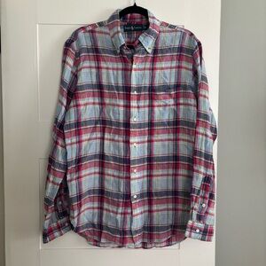 Men’s Ralph Lauren 100% linen long sleeve plaid button down bright easter medium
